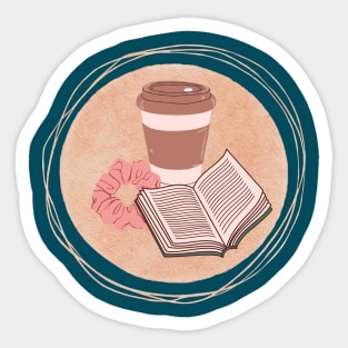 Coffee, scrunchie, and a book graphic design Sticker